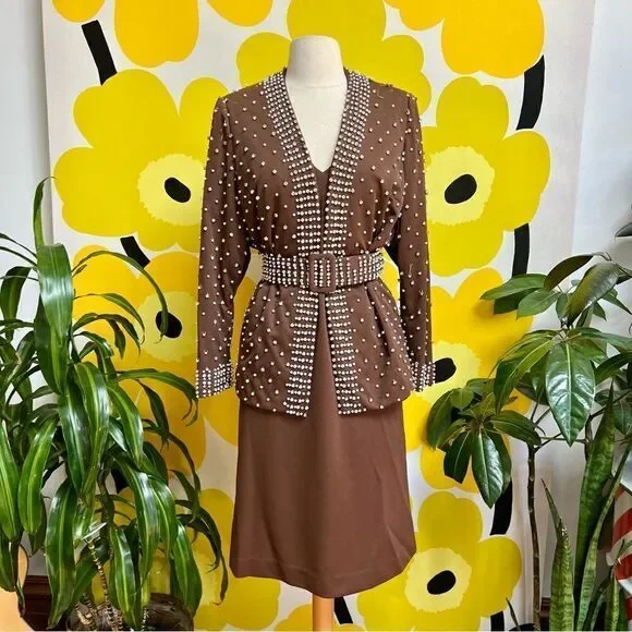Vintage Handmade One of a Kind Beaded Rhinestone 3 Piece Belted Dress Jacket Set